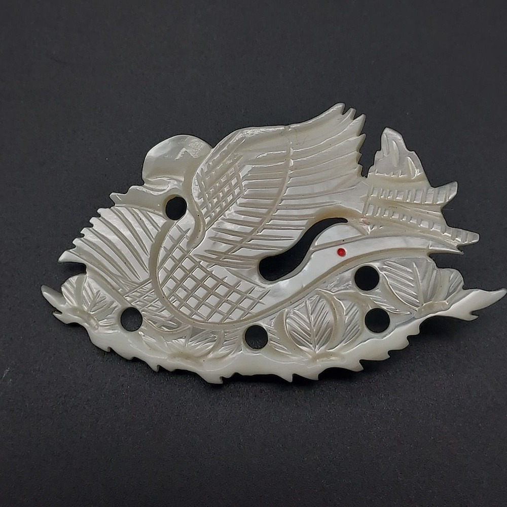 Carved Mother of Pearl Shell Bird Brooch Red Eye Vintage Costume Jewelry